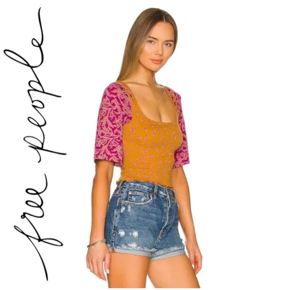 NWT Free People Marigold Square Neck Smocked Top: Golden Combo